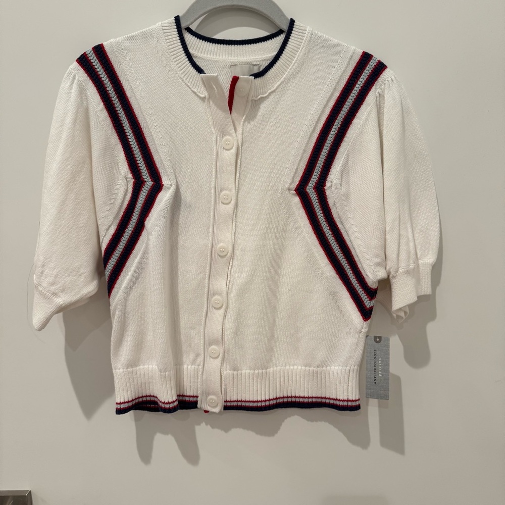 Anthropologie Maeve Puff-Sleeve Inset-Graphic Cardigan Sweater, Sz MP, NWT - Picture 5 of 12
